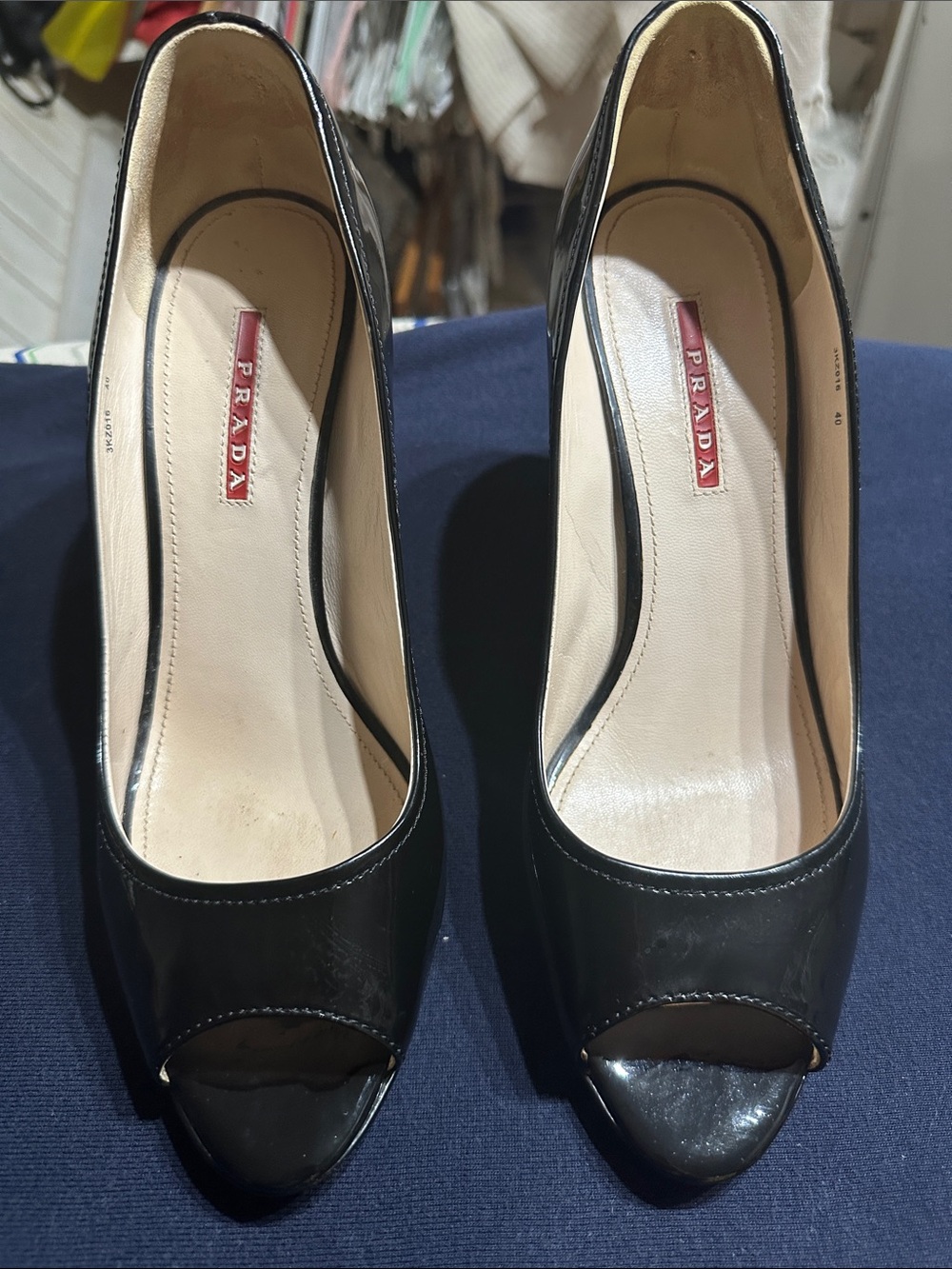 Prada Black Patent Peep-Toe Wedge Pumps - Picture 2 of 8